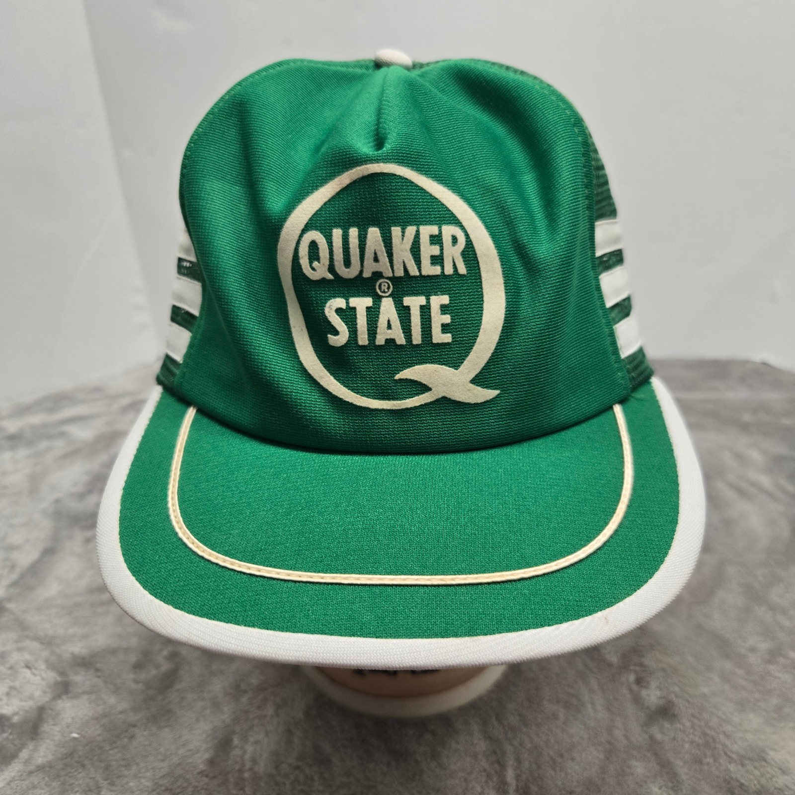 Vintage Quaker State Trucker Hat Green White Mesh Snapback Racing Stripes Hat